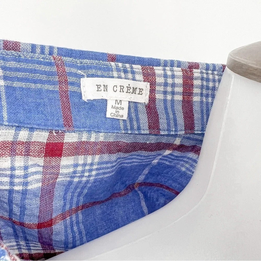 En Creme Cotton Blend pocketed plaid Henley top - Picture 4 of 8